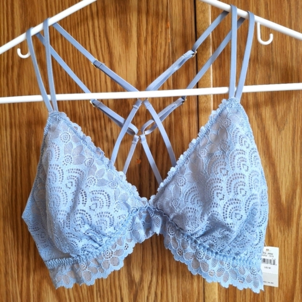 NEW aerie | Triangle 4 Strap Strappy Bralette Lace Floral Plunge Bra Blue Gold M - Picture 4 of 14